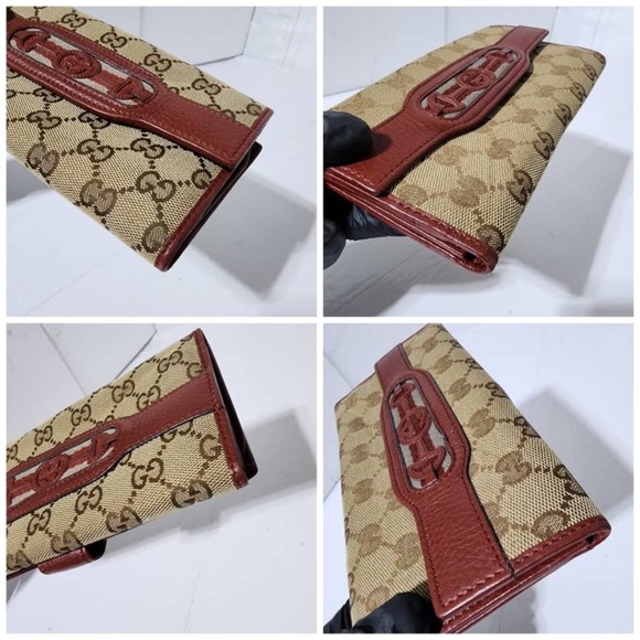 Authentic Gucci GG Canvas and Leather Continental Wallet Beige/Burgundy - Picture 8 of 16